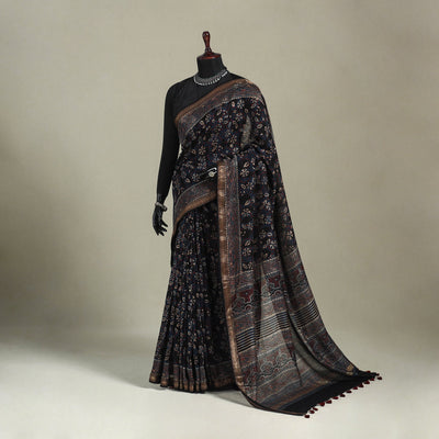 Chanderi Silk Natural Dyed Zari Border Ajrakh Print Saree