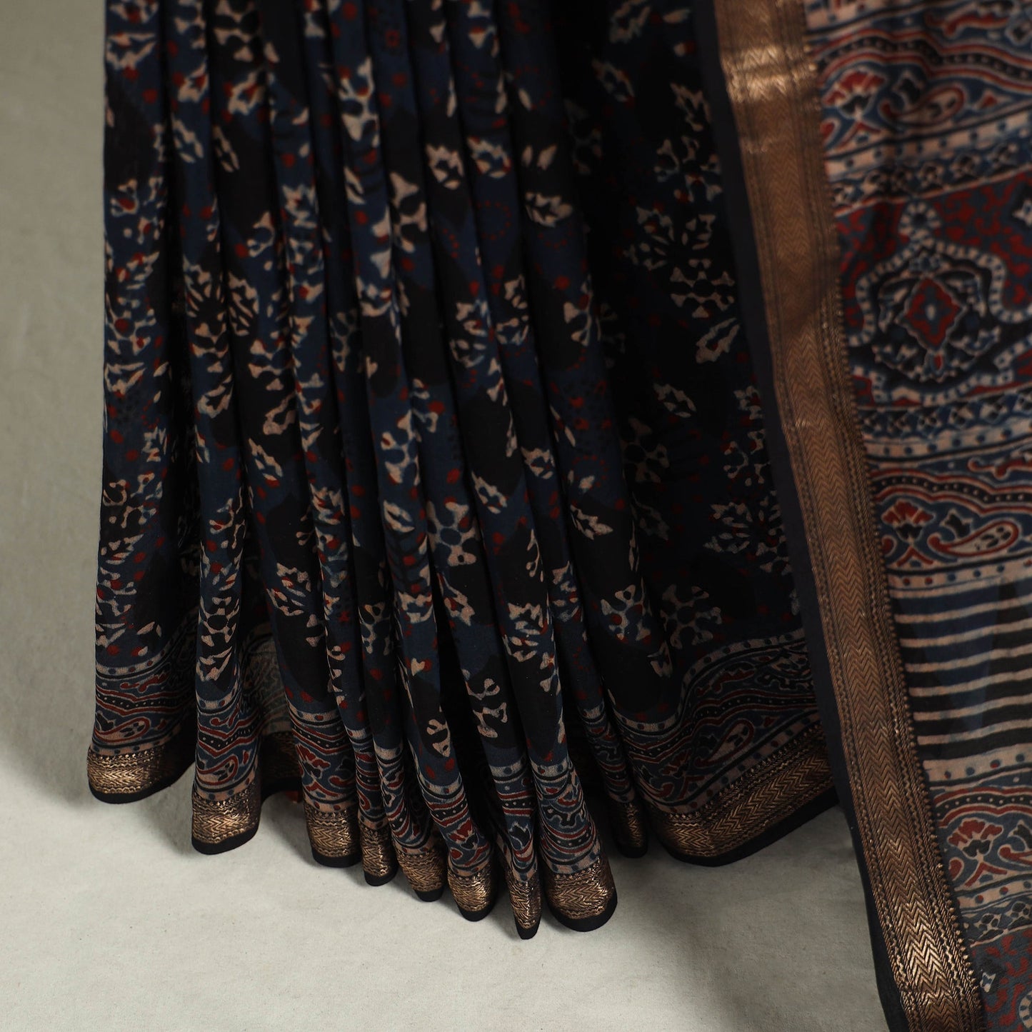 Chanderi Silk Natural Dyed Zari Border Ajrakh Print Saree