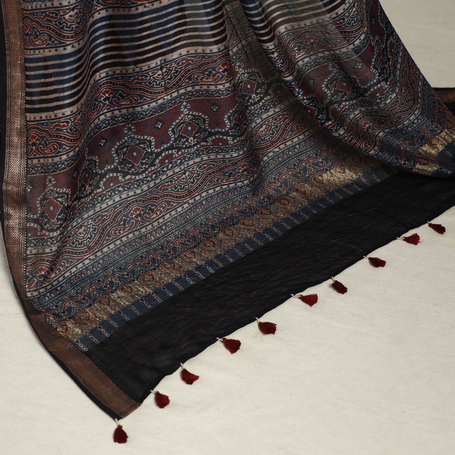 Chanderi Silk Natural Dyed Zari Border Ajrakh Print Saree