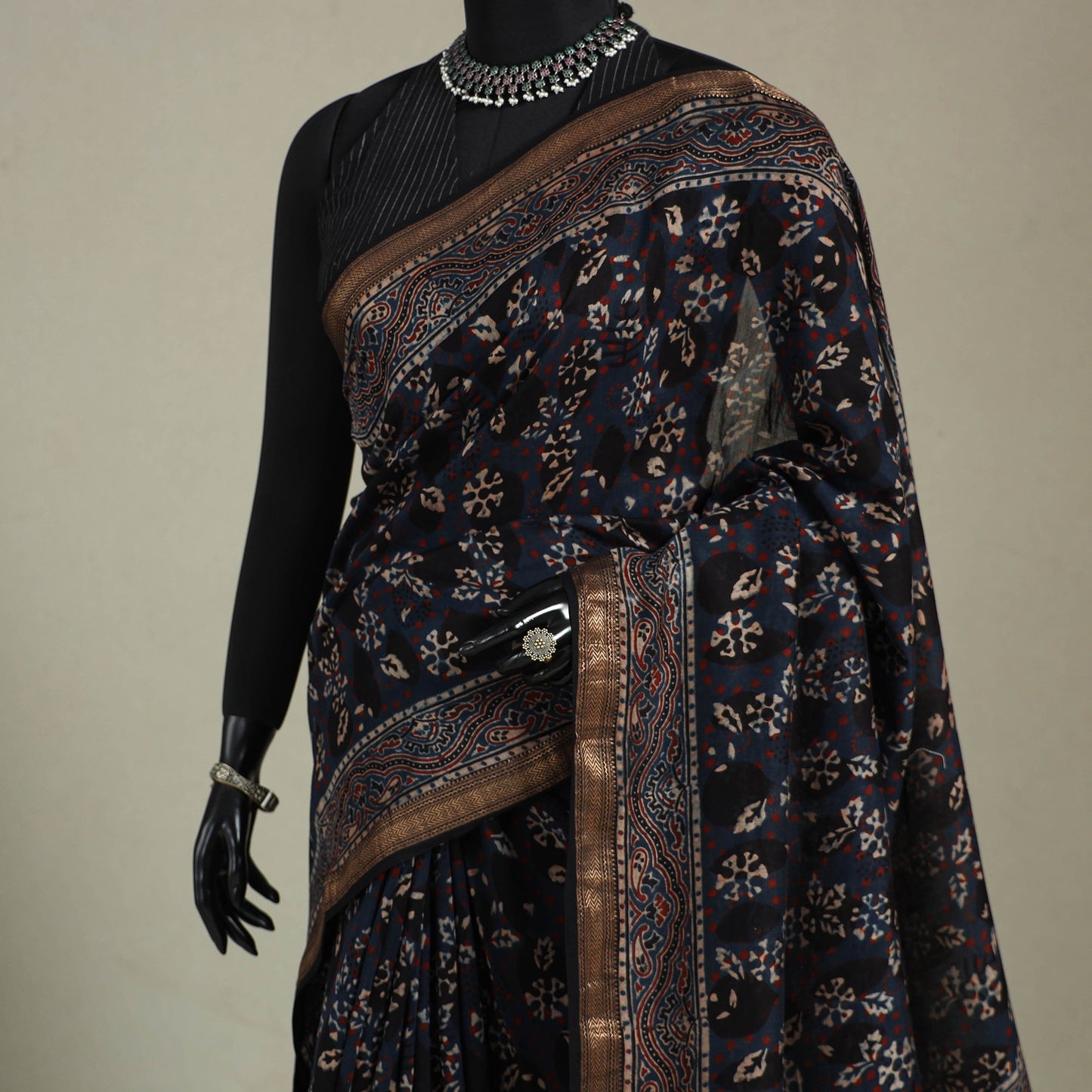 Chanderi Silk Natural Dyed Zari Border Ajrakh Print Saree