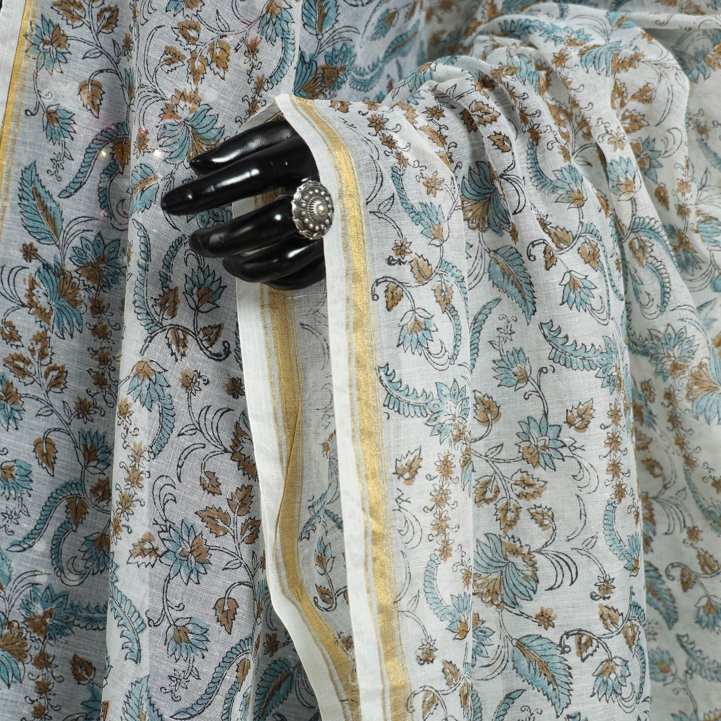 Blue Block Print Kota Doria Cotton Sanganeri Floral Dupatta 