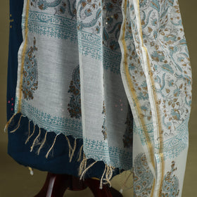 Blue Block Print Kota Doria Cotton Sanganeri Floral Dupatta 