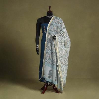 Blue Block Print Kota Doria Cotton Sanganeri Floral Dupatta 