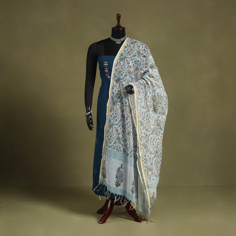 Blue Block Print Kota Doria Cotton Sanganeri Floral Dupatta 