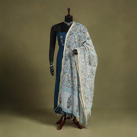 Blue Block Print Kota Doria Cotton Sanganeri Floral Dupatta 
