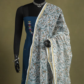 Blue Block Print Kota Doria Cotton Sanganeri Floral Dupatta 