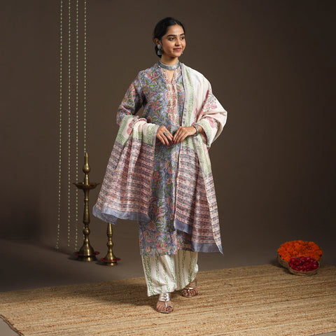 Blue - chanderi silk sanganeri kurta set (set of 3) 17