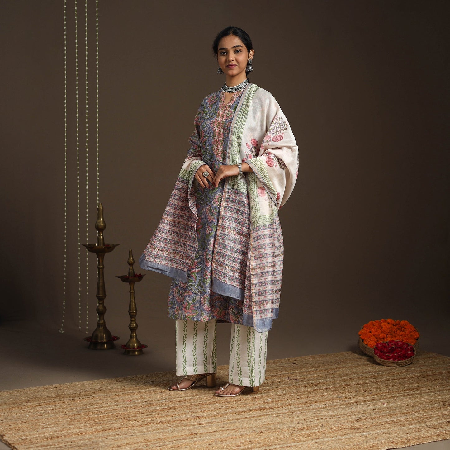 Blue - chanderi silk sanganeri kurta set (set of 3) 17