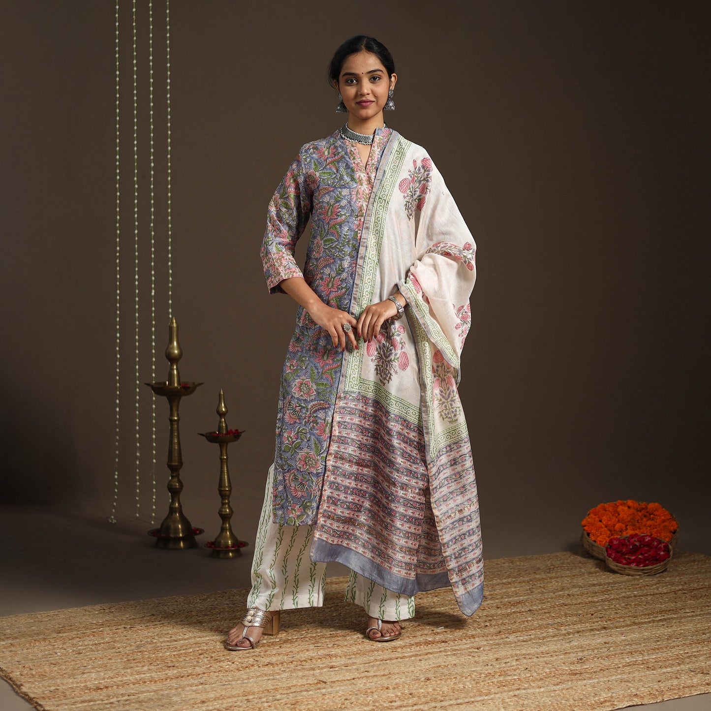 Blue - chanderi silk sanganeri kurta set (set of 3) 17