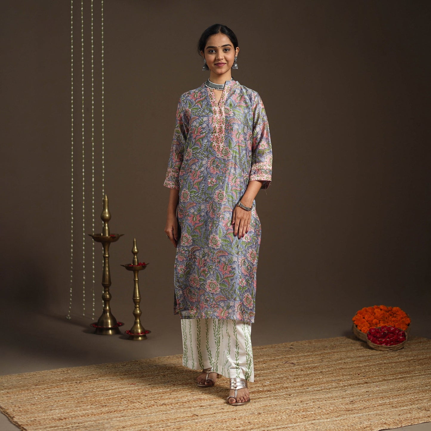 Blue - chanderi silk sanganeri kurta set (set of 3) 17