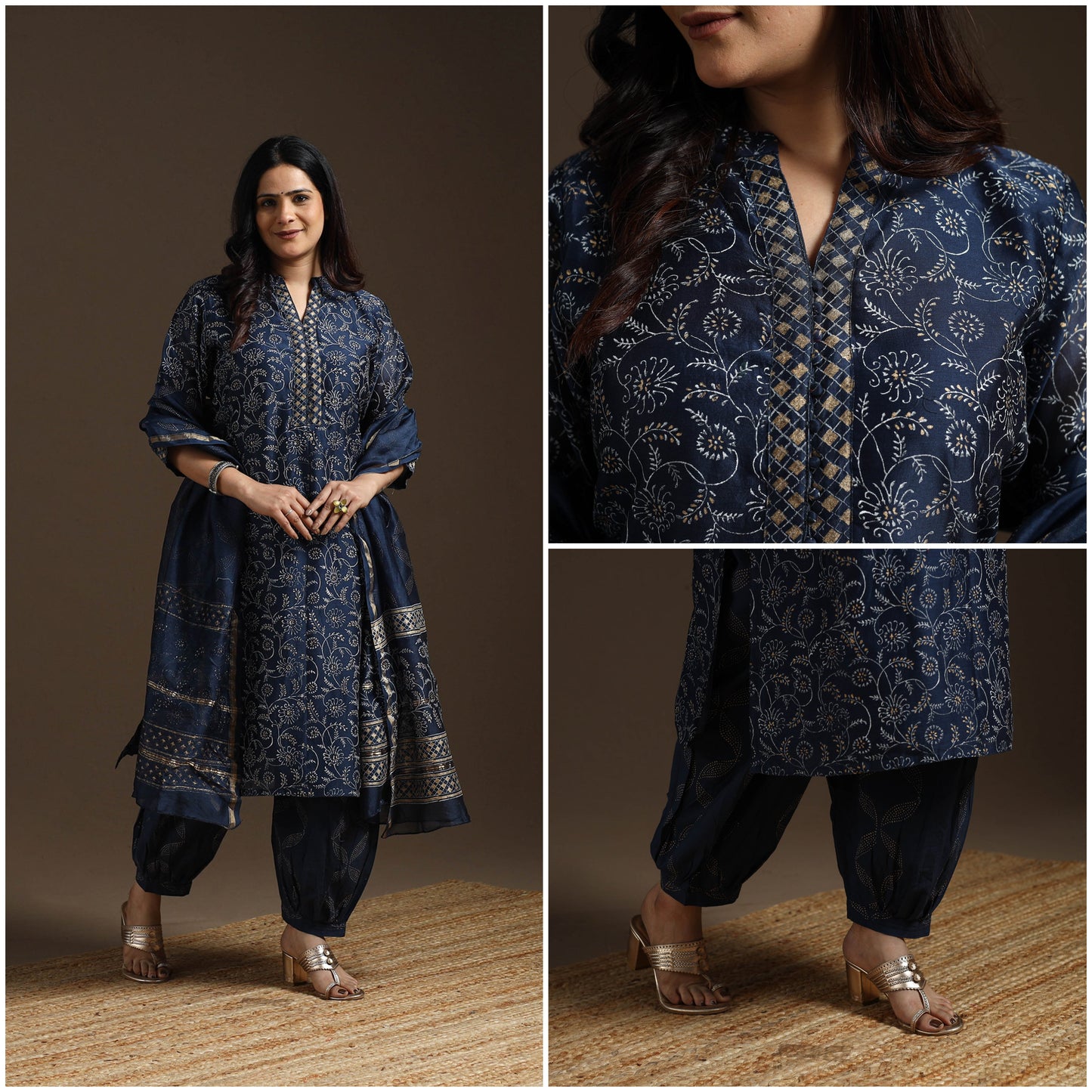 Blue - chanderi silk sanganeri suit set with dupatta