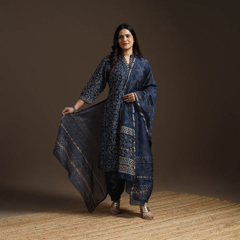 Blue - chanderi silk sanganeri suit set with dupatta