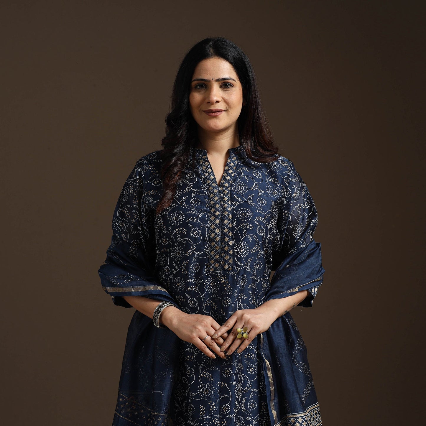 Blue - chanderi silk sanganeri suit set with dupatta