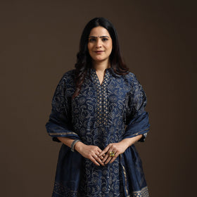 Blue - chanderi silk sanganeri suit set with dupatta
