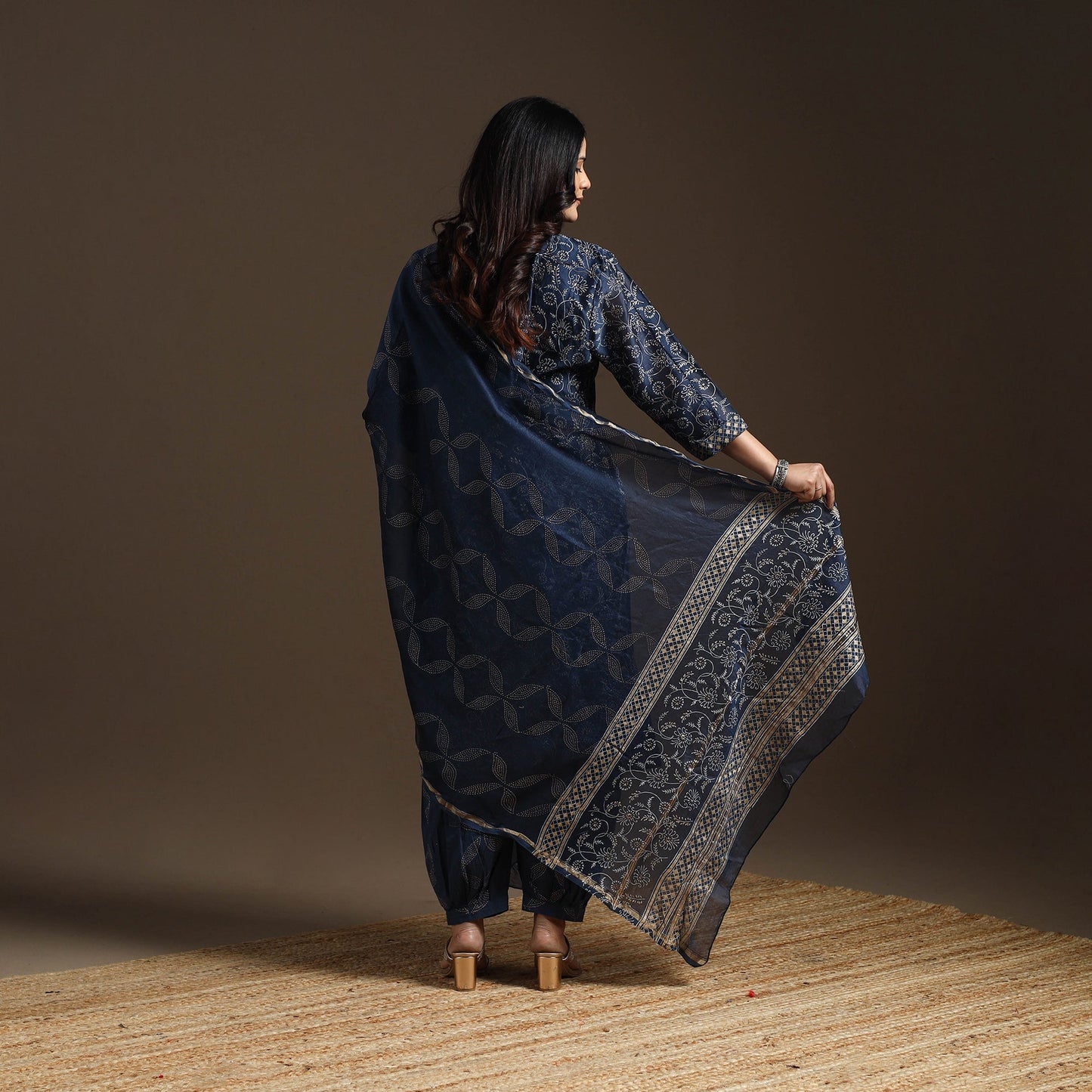 Blue - chanderi silk sanganeri suit set with dupatta