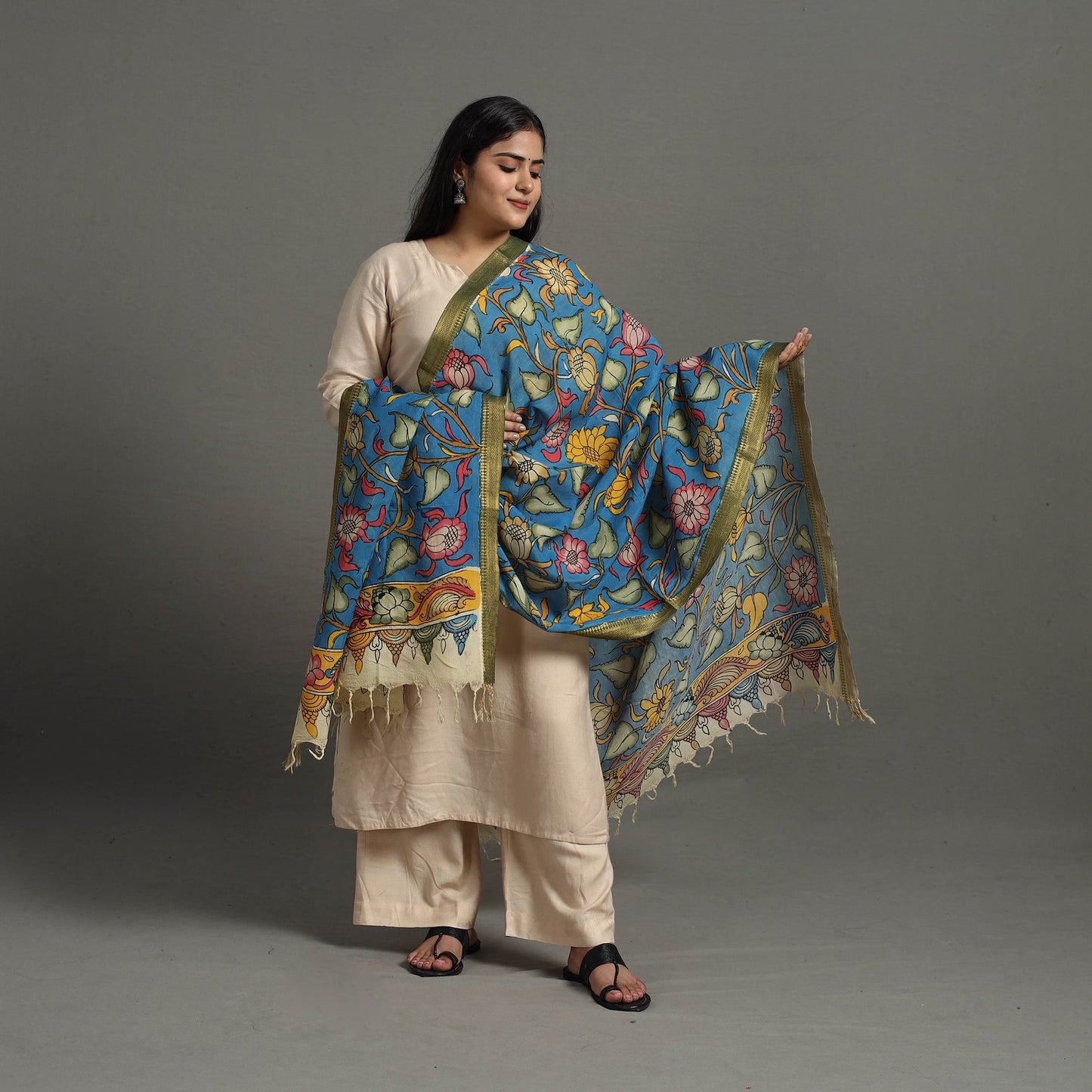 Blue - chanderi silk srikalahasti handpainted pen kalamkari