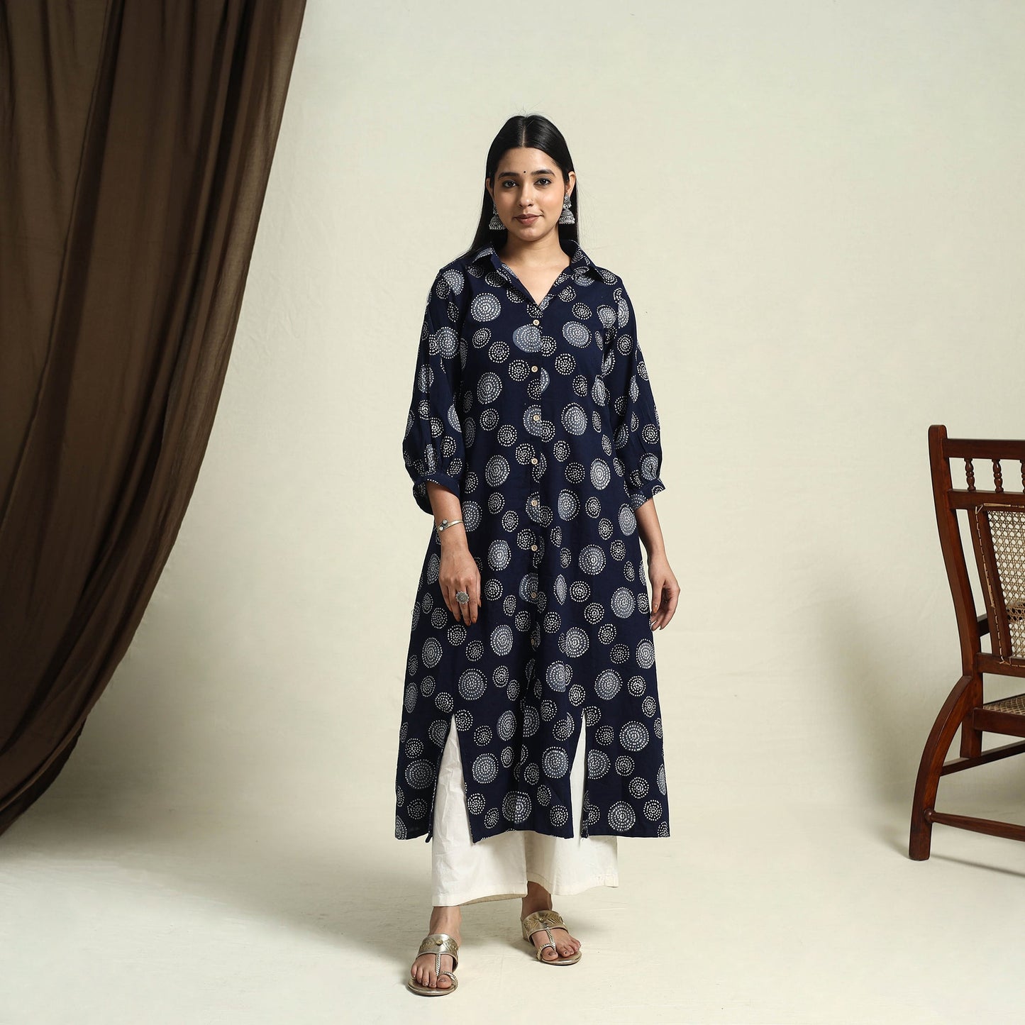 Collared Neck Buttoned Down Blue Batik Print Cotton Kurta for Women