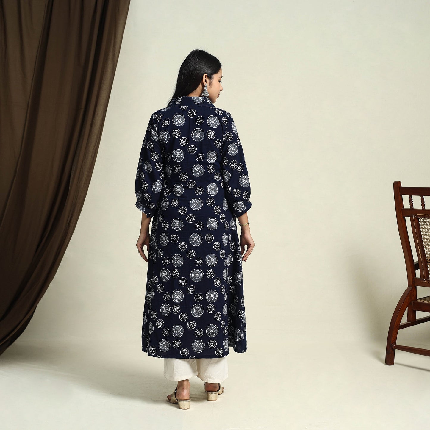 Collared Neck Buttoned Down Blue Batik Print Cotton Kurta for Women