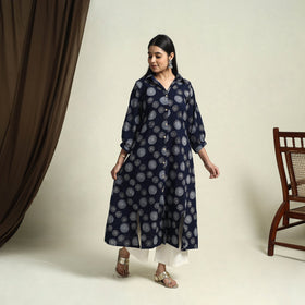 Collared Neck Buttoned Down Blue Batik Print Cotton Kurta for Women