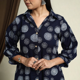 Collared Neck Buttoned Down Blue Batik Print Cotton Kurta for Women