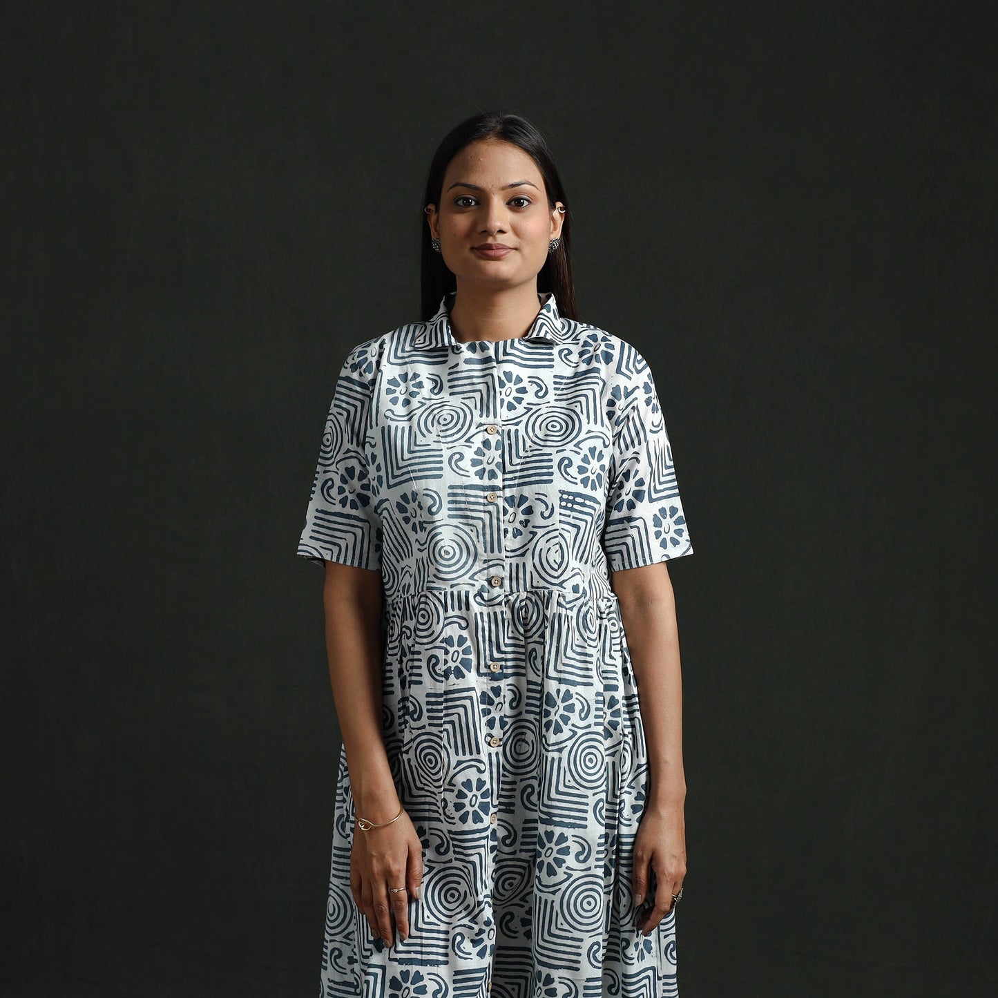 Collared neck buttoned down flared cotton hand block batik