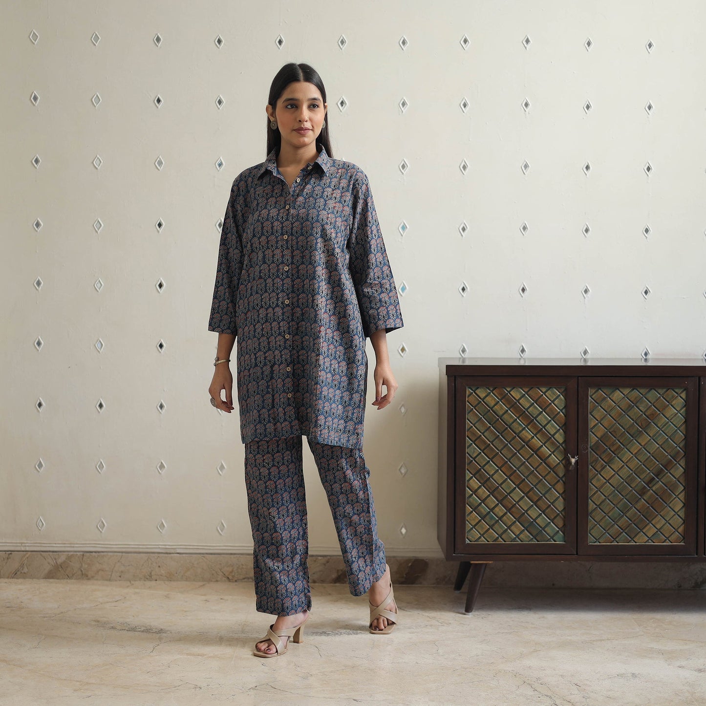 Buy Blue Cotton Ajrakh Block Print Night Suit Set