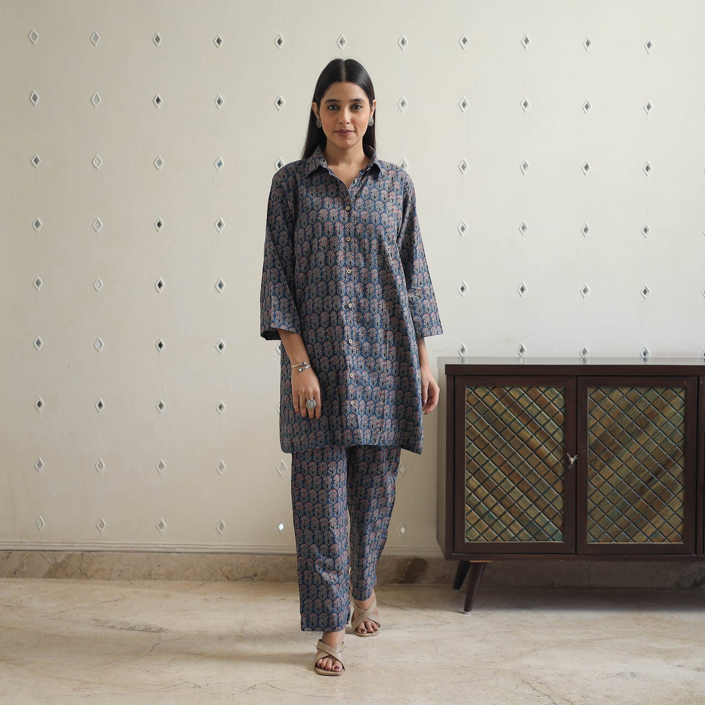 Buy Blue Cotton Ajrakh Block Print Night Suit Set