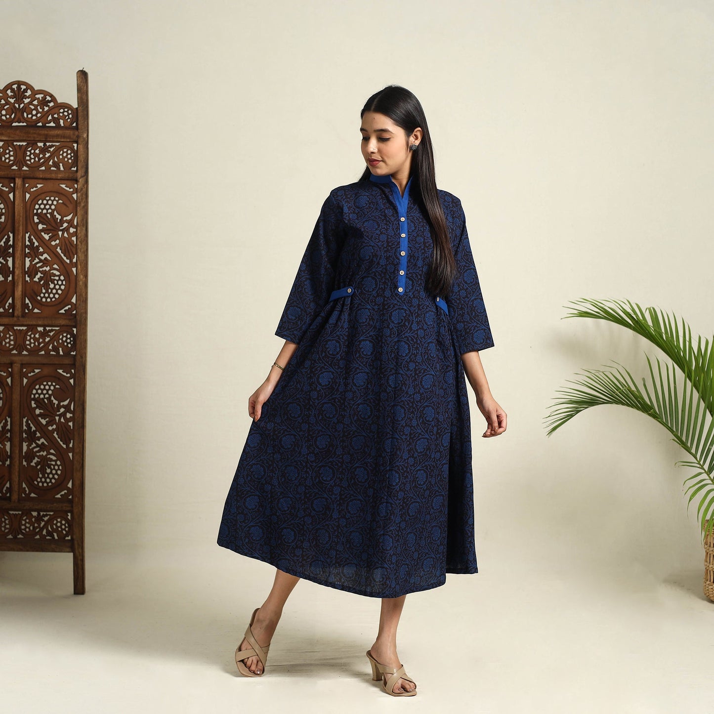 Buy Blue Block Print Cotton Bagh Dress