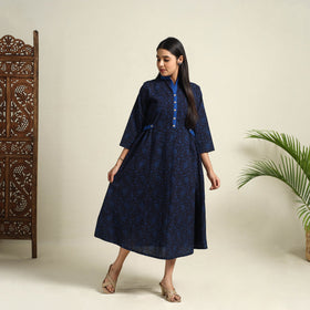 Buy Blue Block Print Cotton Bagh Dress