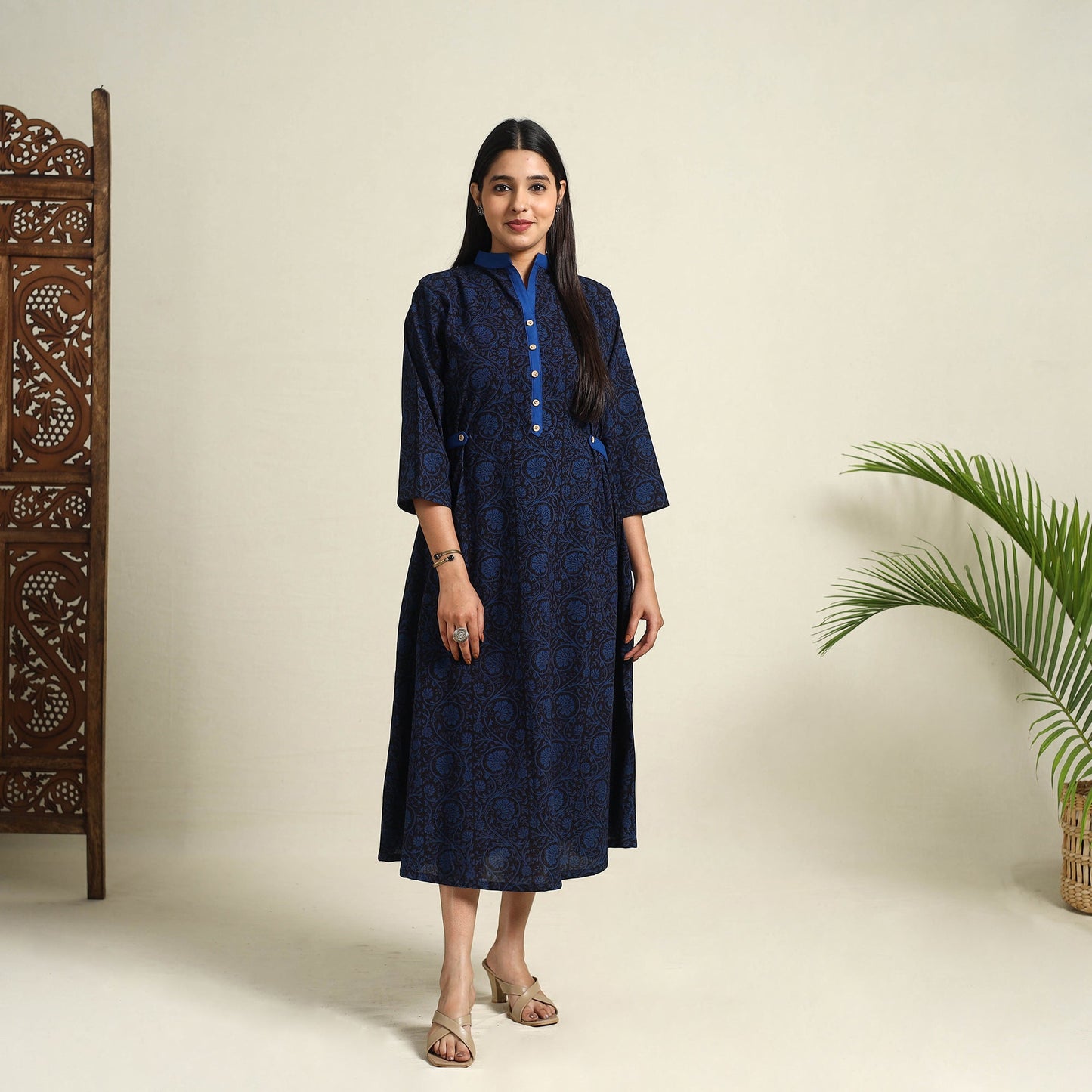 Buy Blue Block Print Cotton Bagh Dress