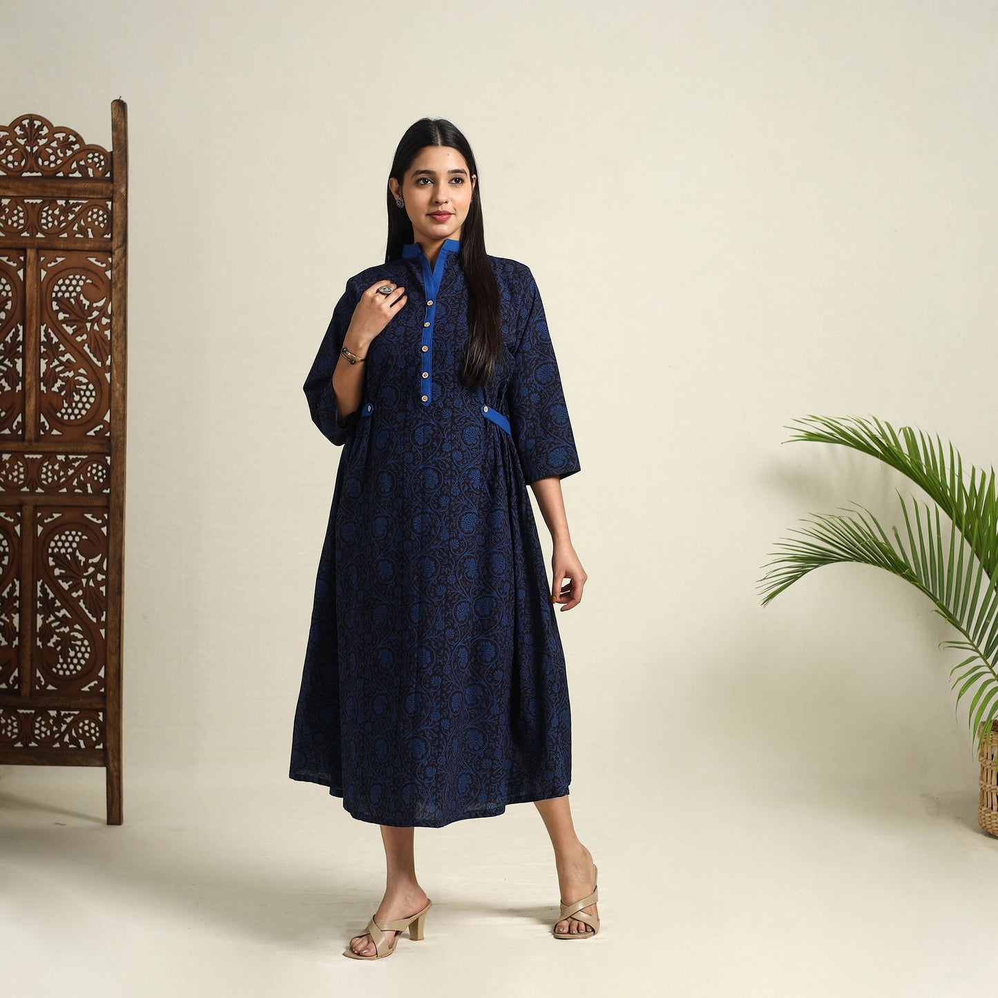 Buy Blue Block Print Cotton Bagh Dress