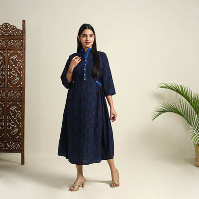 Buy Blue Block Print Cotton Bagh Dress
