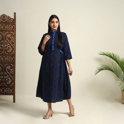 Buy Blue Block Print Cotton Bagh Dress