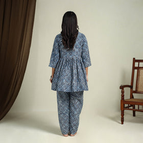  Blue Block Print Cotton Bagru Night Suit Set