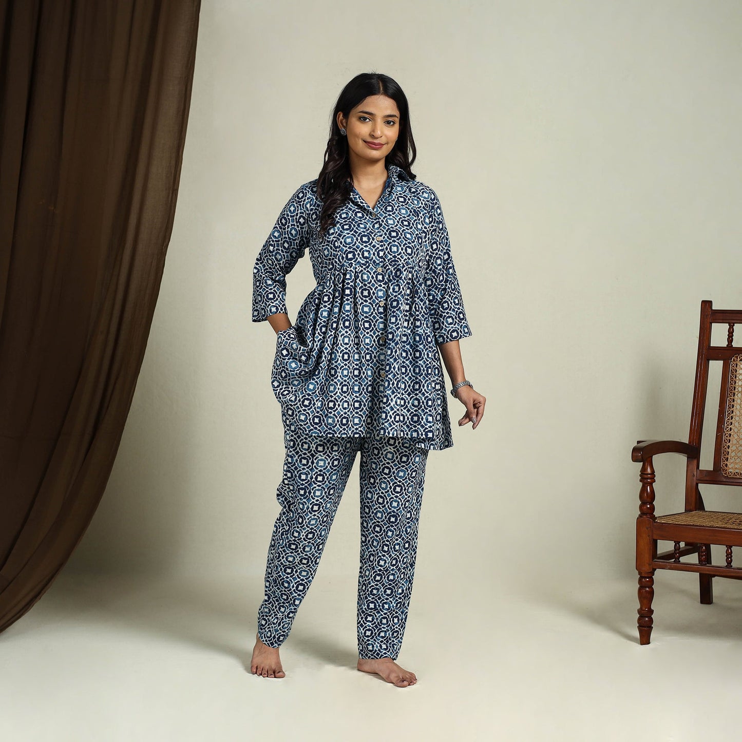  Blue Block Print Cotton Bagru Night Suit Set