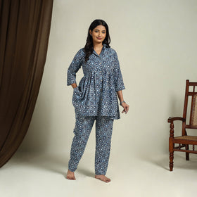  Blue Block Print Cotton Bagru Night Suit Set
