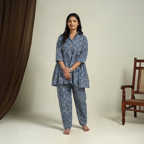  Blue Block Print Cotton Bagru Night Suit Set