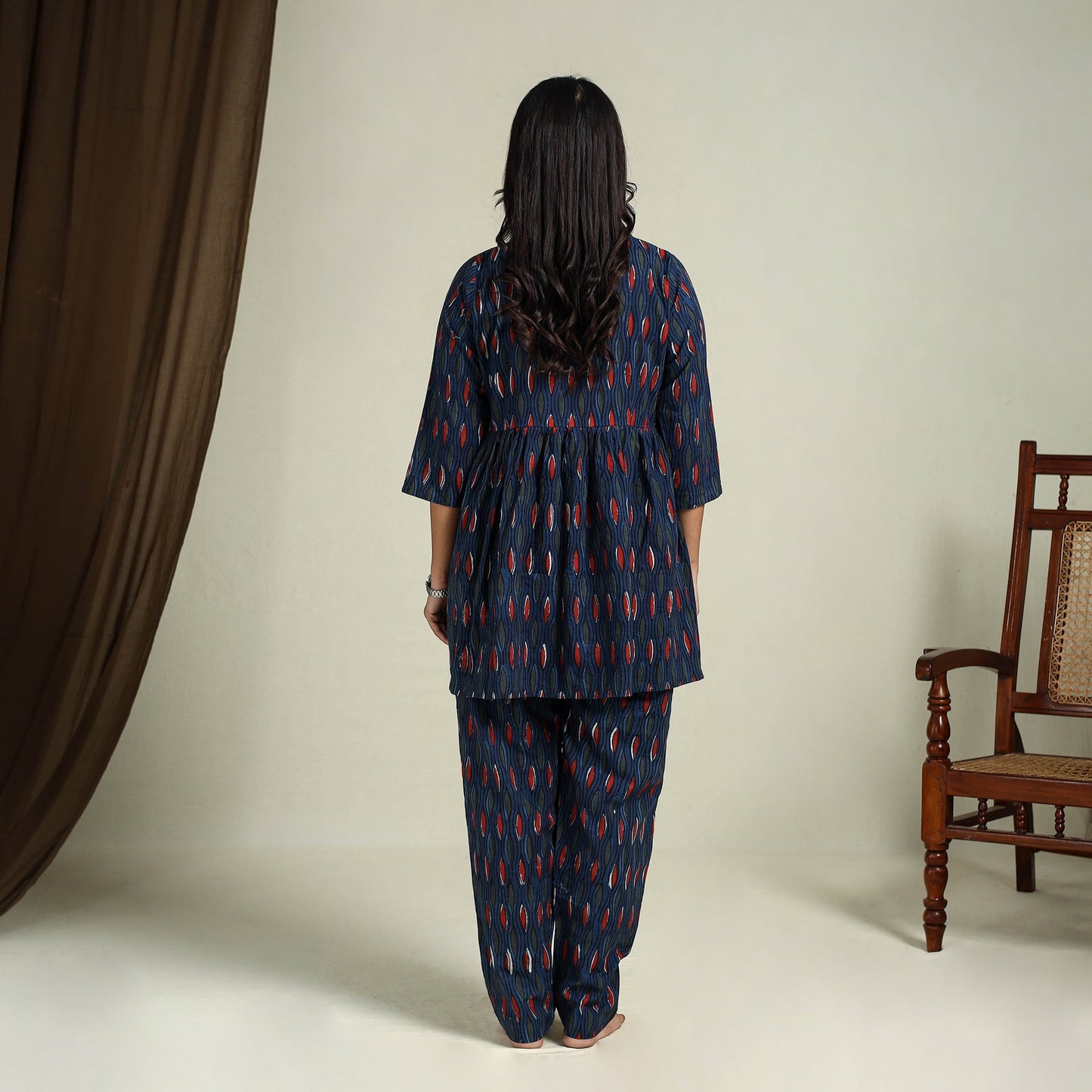  Blue Block Print Cotton Bagru Night Suit Set