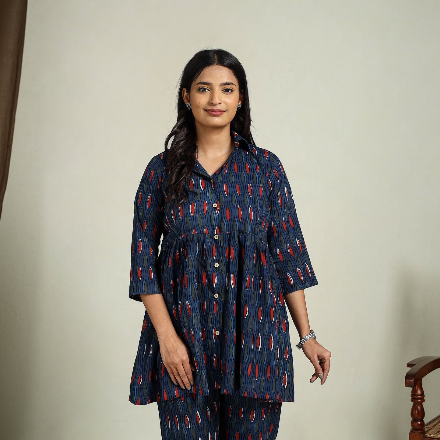  Blue Block Print Cotton Bagru Night Suit Set