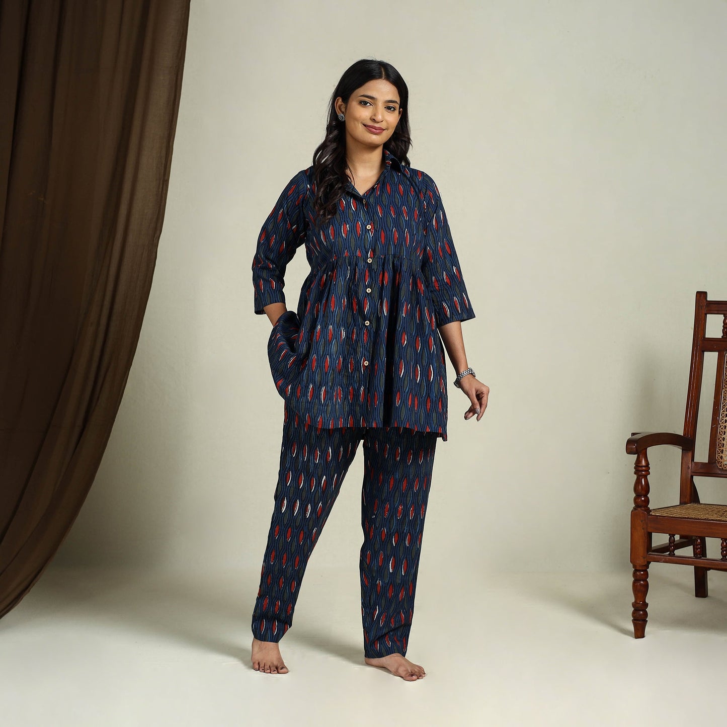  Blue Block Print Cotton Bagru Night Suit Set