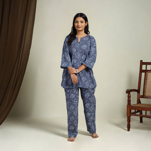 Buy Blue Block Print Cotton Bagru Night Suit Set
