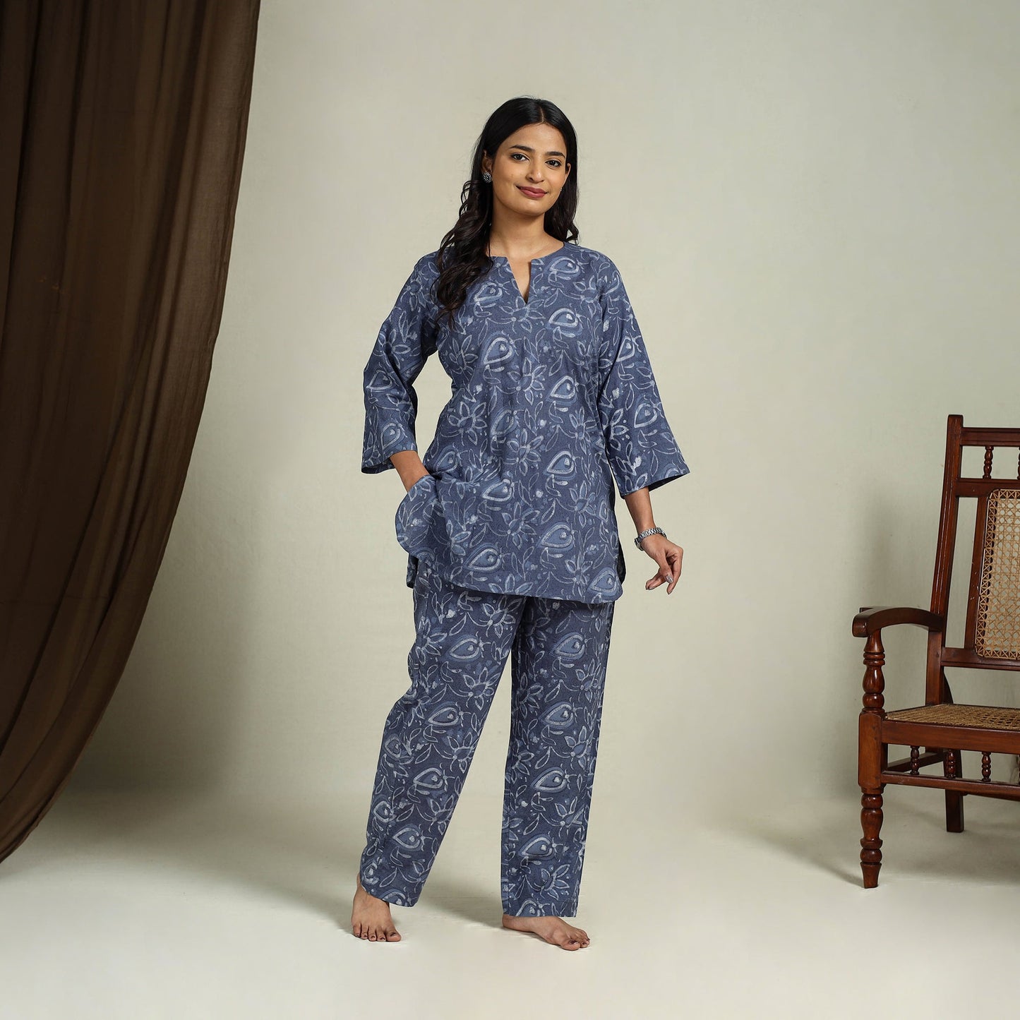 Buy Blue Block Print Cotton Bagru Night Suit Set