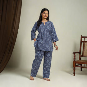 Buy Blue Block Print Cotton Bagru Night Suit Set