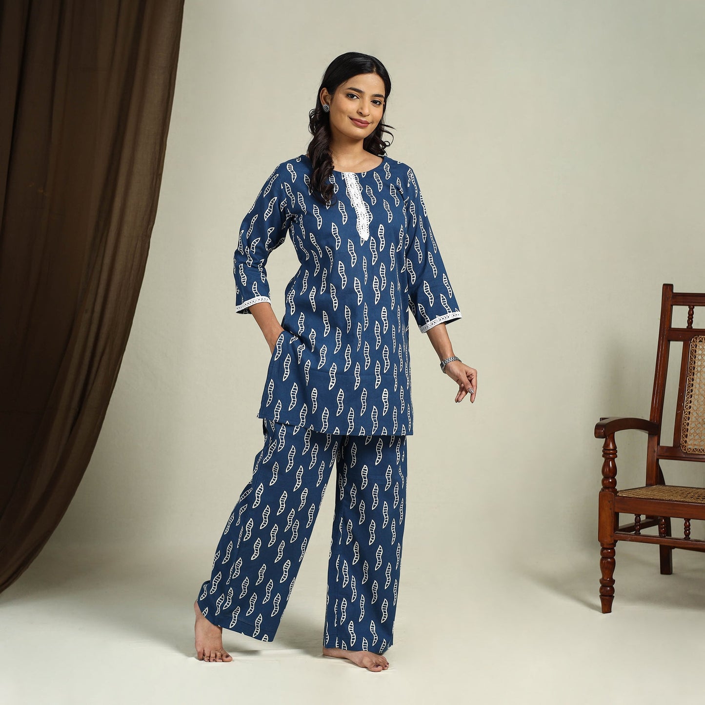  Blue Block Print Cotton Bagru Night Suit Set