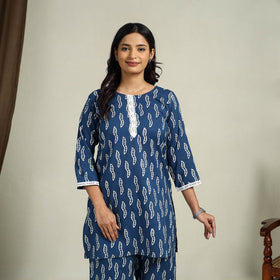  Blue Block Print Cotton Bagru Night Suit Set