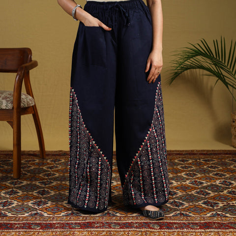 Buy Blue Cotton Bengal Kantha Hand Embroidery Palazzo