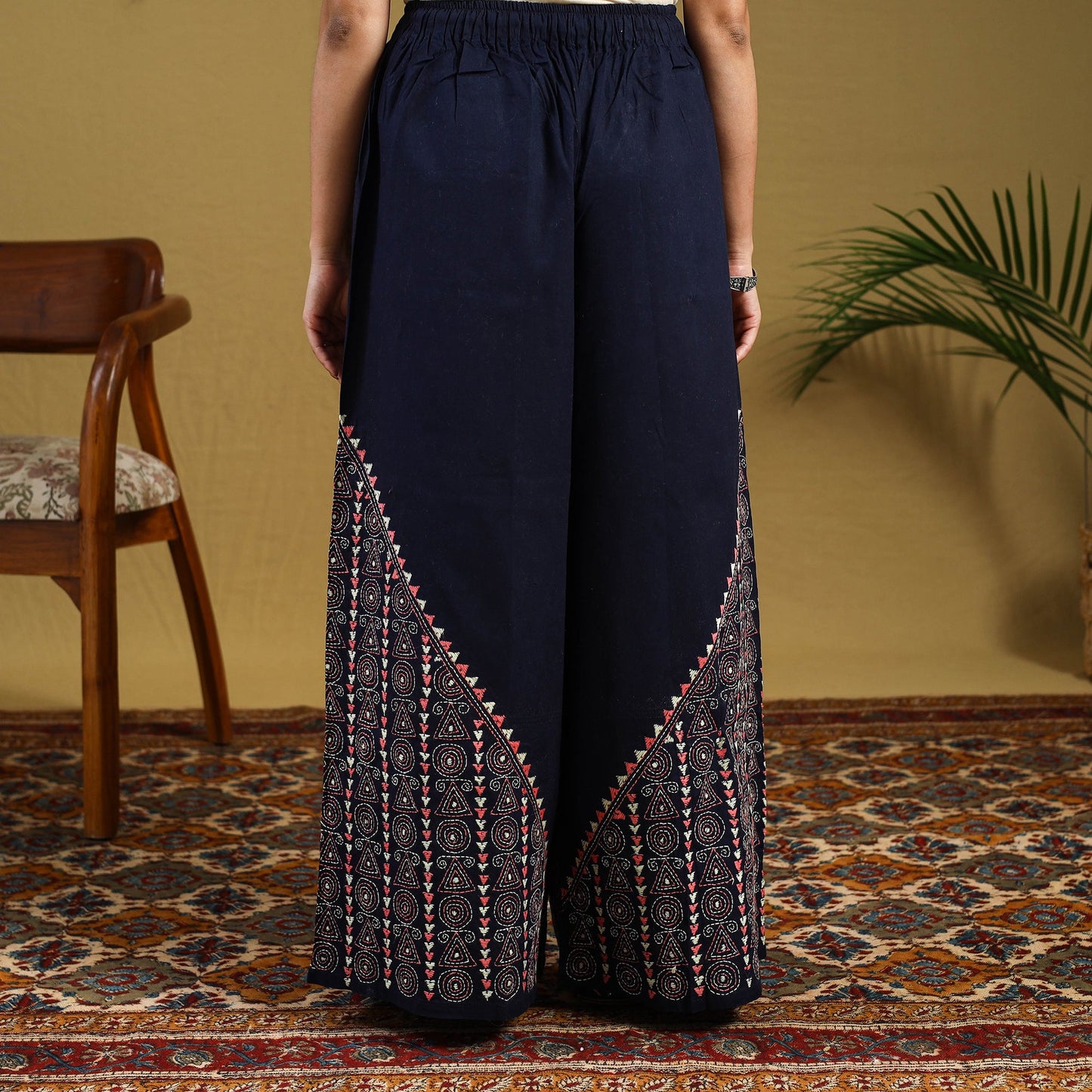 Buy Blue Cotton Bengal Kantha Hand Embroidery Palazzo