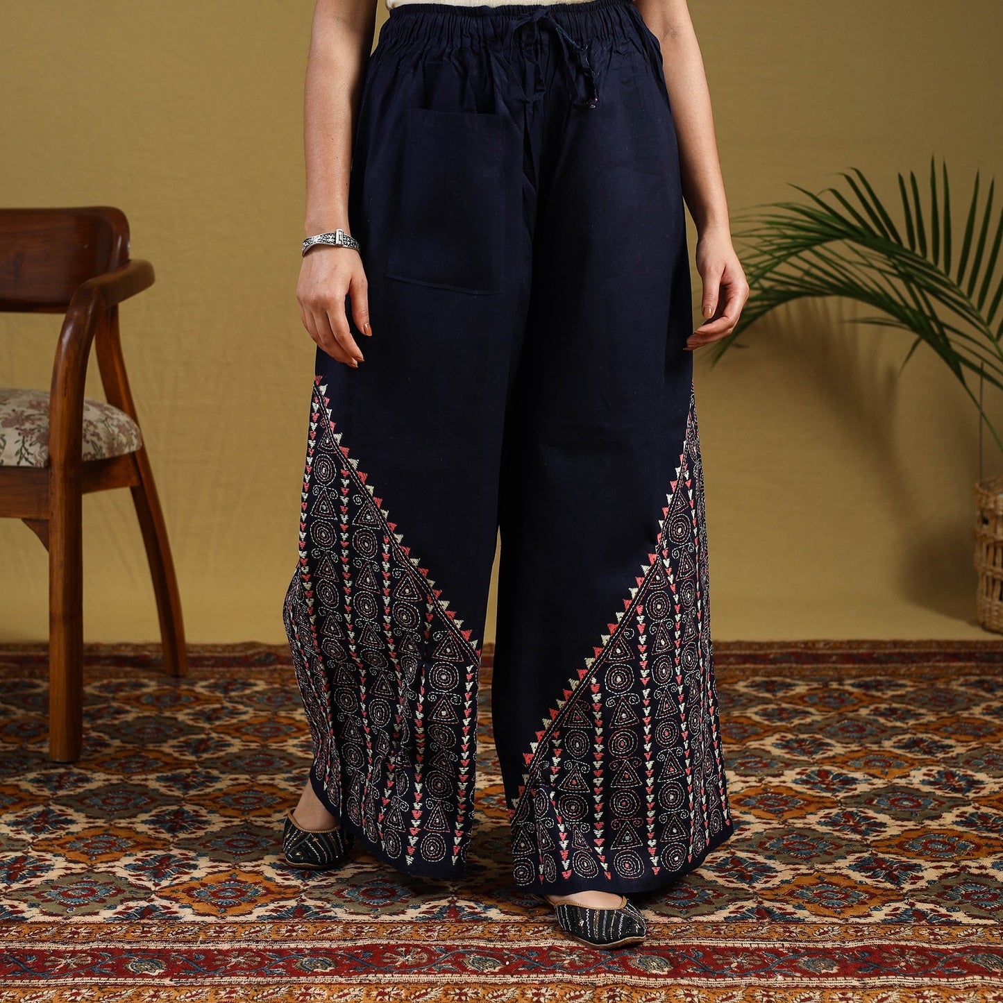 Buy Blue Cotton Bengal Kantha Hand Embroidery Palazzo