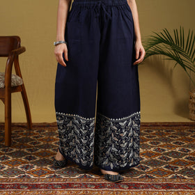  Blue Cotton Bengal Kantha Hand Embroidery Palazzo