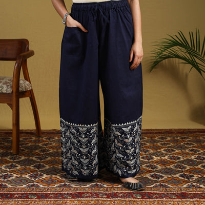  Blue Cotton Bengal Kantha Hand Embroidery Palazzo